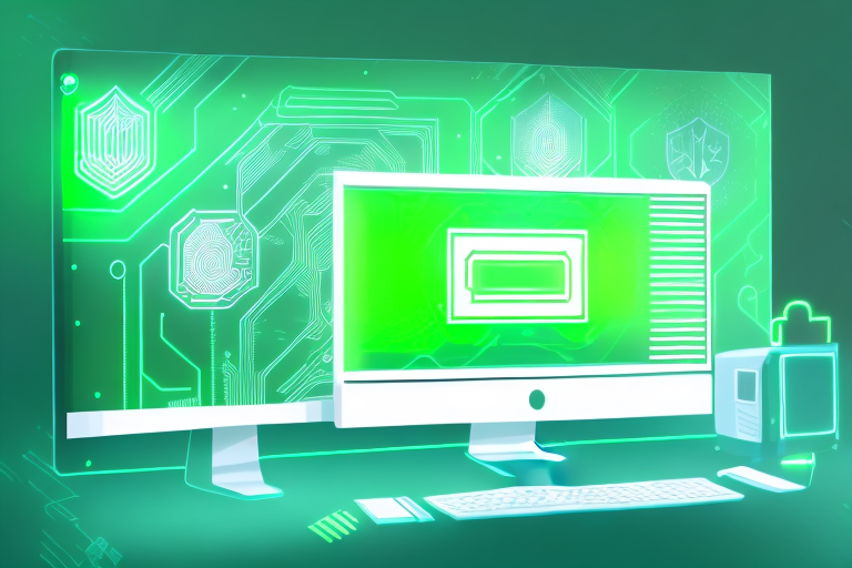A computer with a glowing green shield to represent cybersecurity