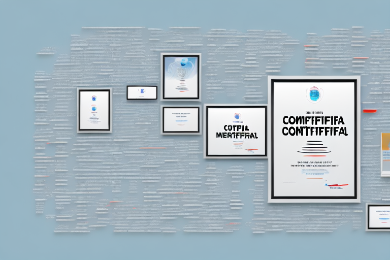 A wall filled with comptia certification certificates